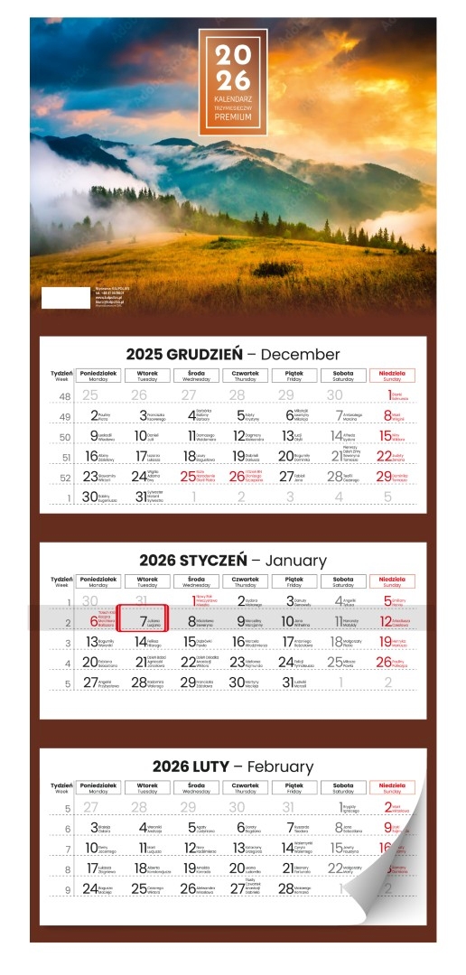 Kalendarz naścienny trójdzielny 31x71cm 2026 premium góry Kalpolbis