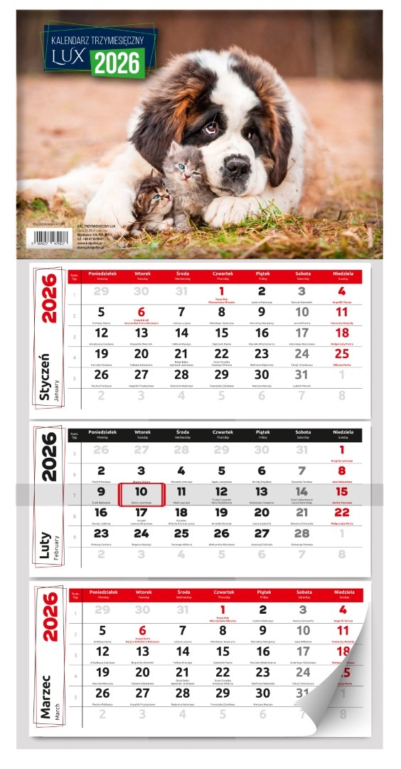 Kalendarz naścienny trójdzielny 30x65cm 2026 Lux pies Kalpolbis