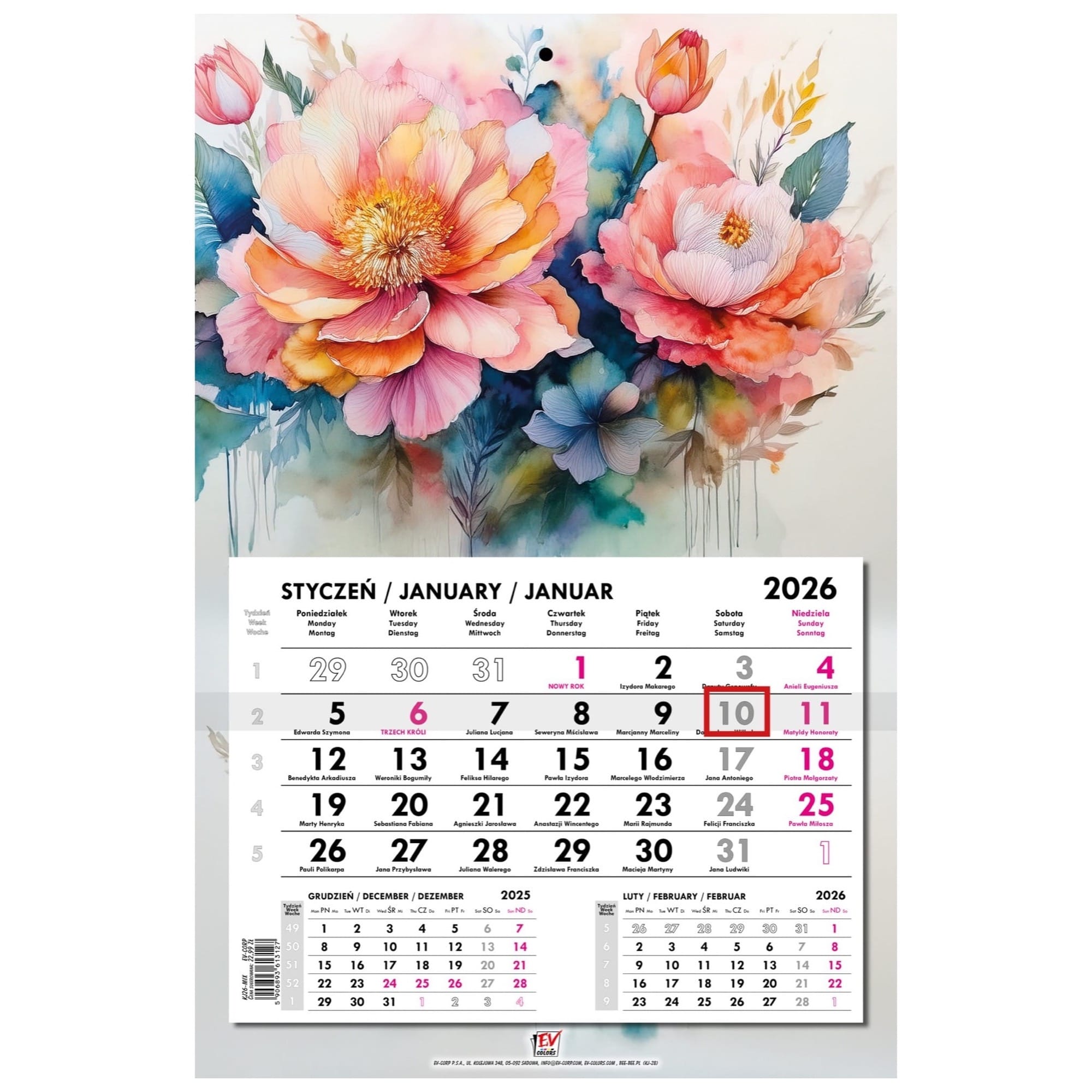 Kalendarz naścienny jednodzielny 31x48cm 2026 kwiaty EV-Corp