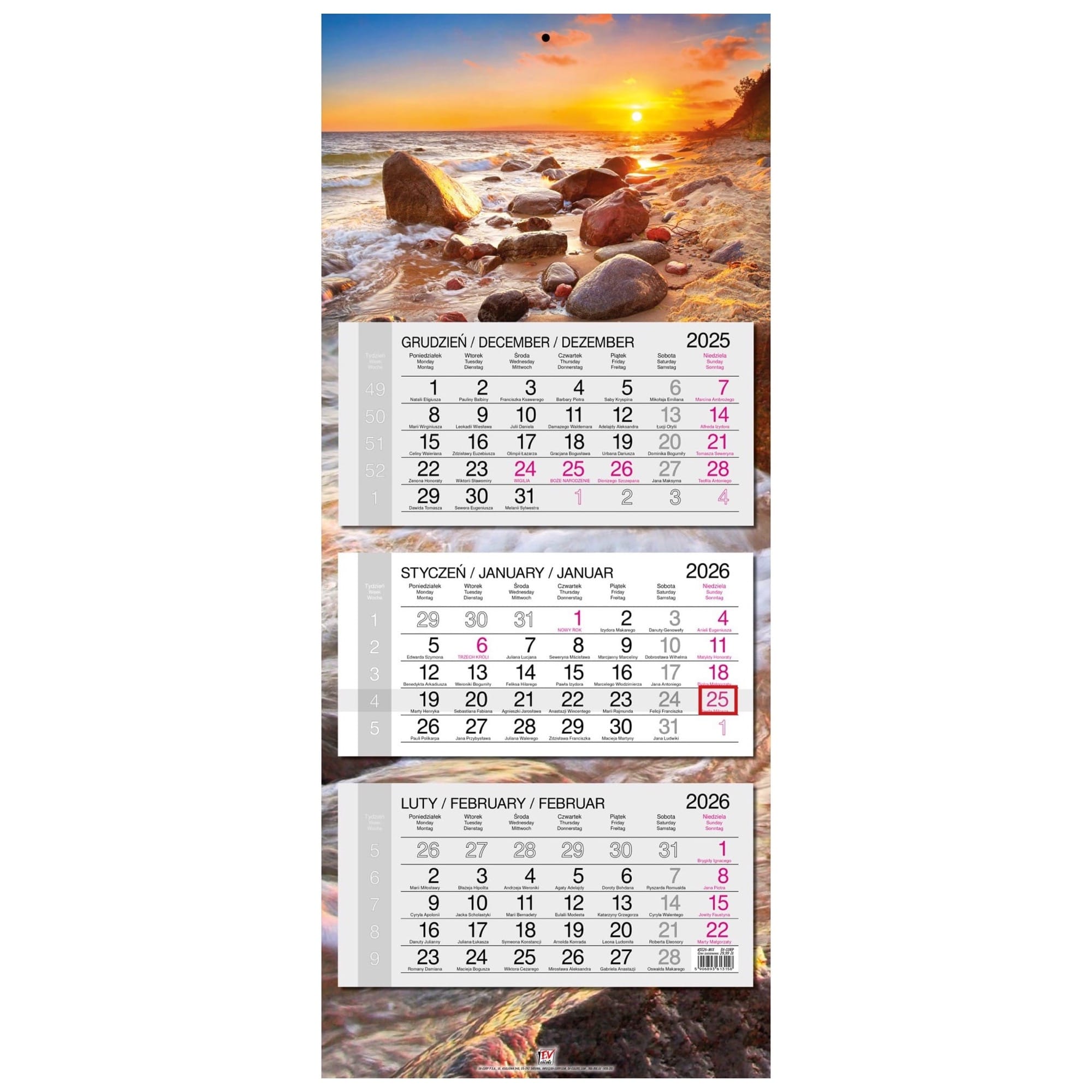 Kalendarz naścienny trójdzielny 34x80cm 2026 Bałtyk EV-Corp