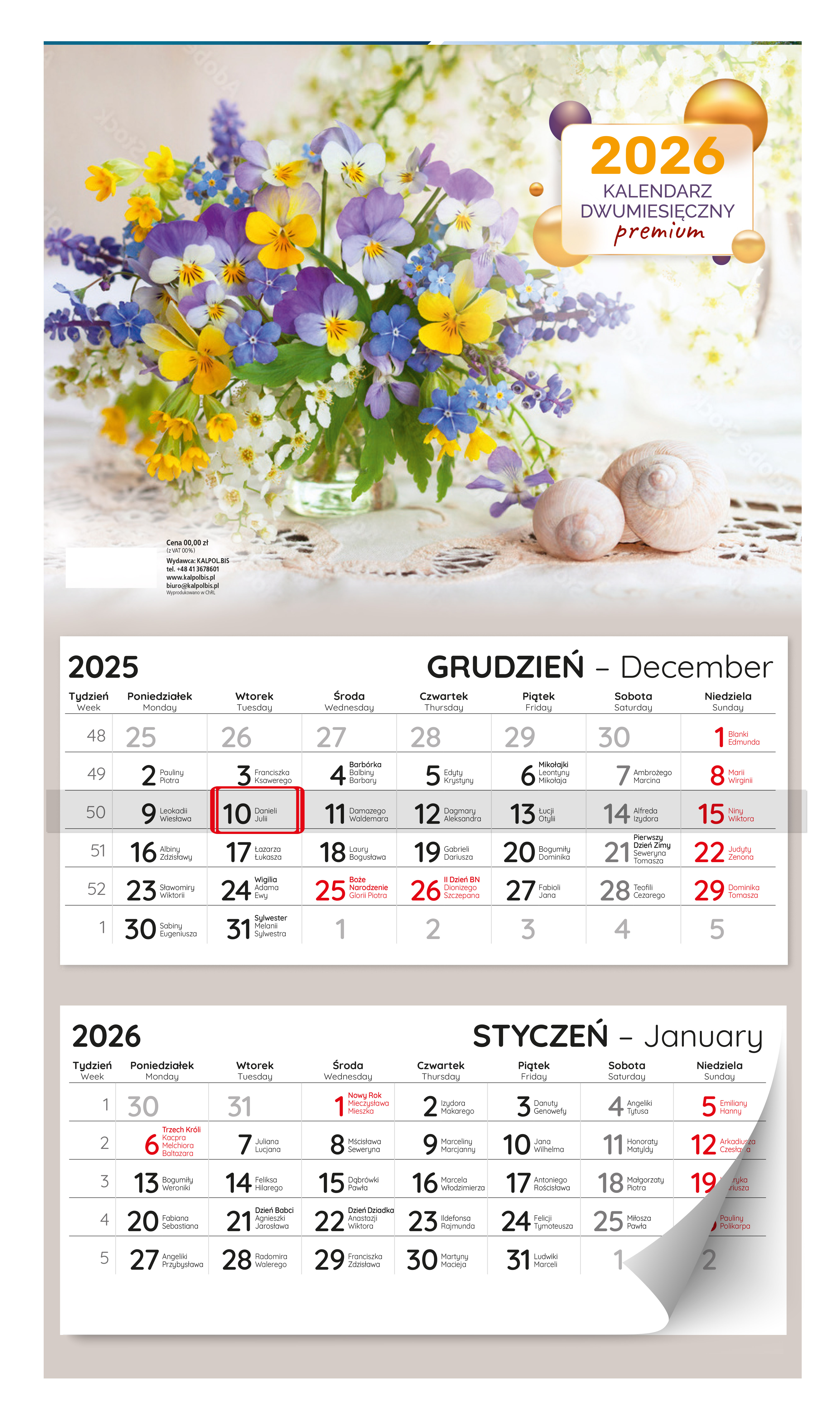 Kalendarz naścienny dwudzielny 31x53cm 2026 premium kwiaty Kalpolbis