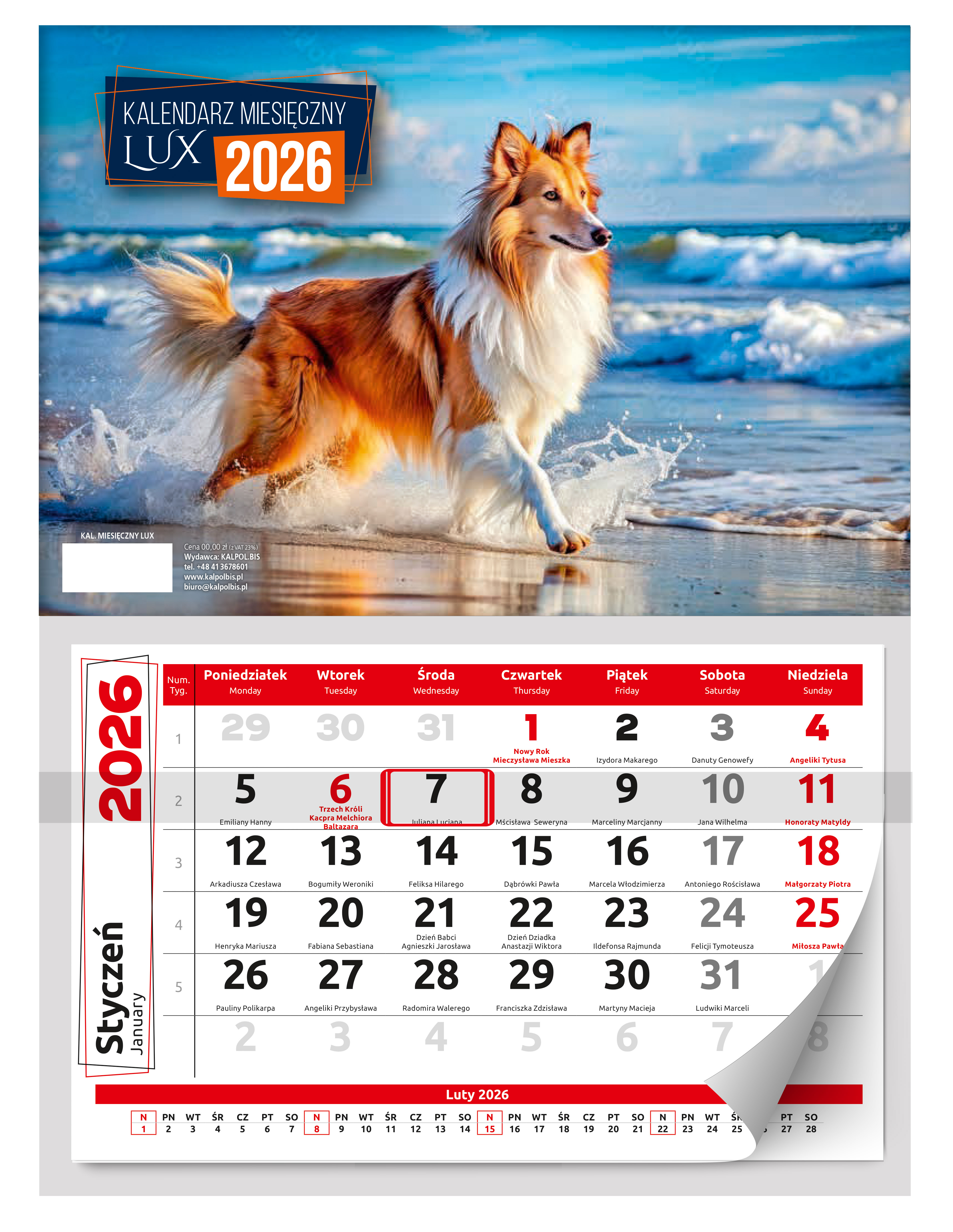Kalendarz naścienny jednodzielny 30x40cm 2026 Lux pies Kalpolbis