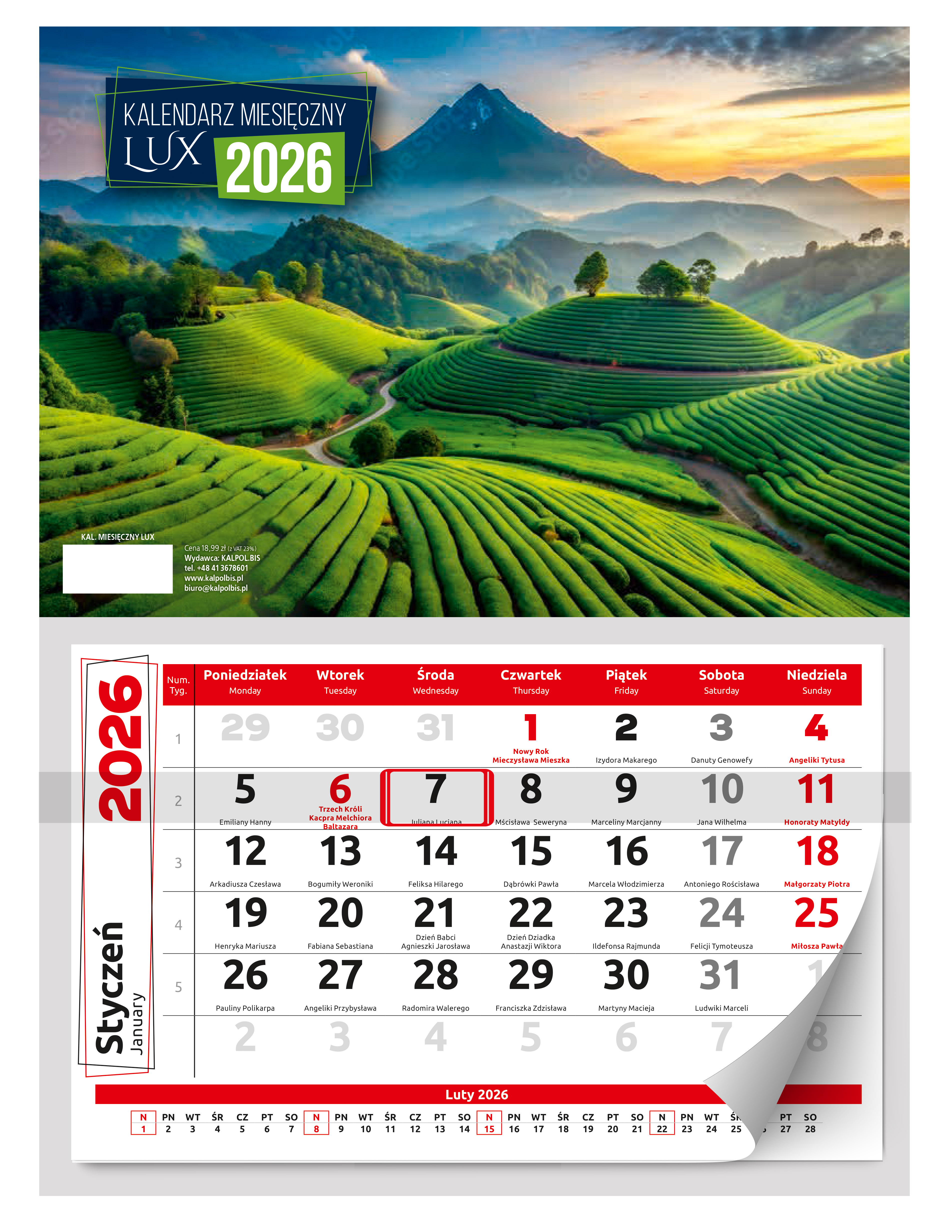 Kalendarz naścienny jednodzielny 30x40cm 2026 Lux góry Kalpolbis