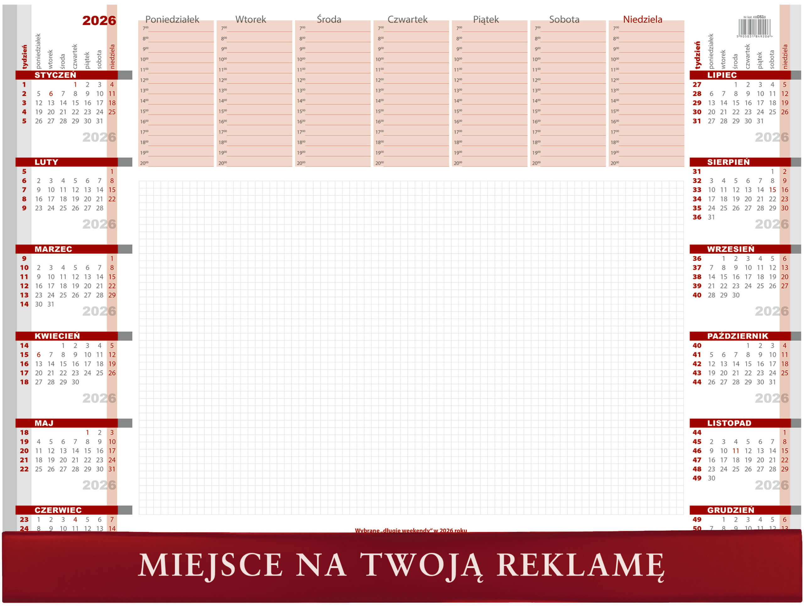 Biuwar kalendarz tygodniowy z listwą 55x41cm 52kartki 2026 Wokół Nas