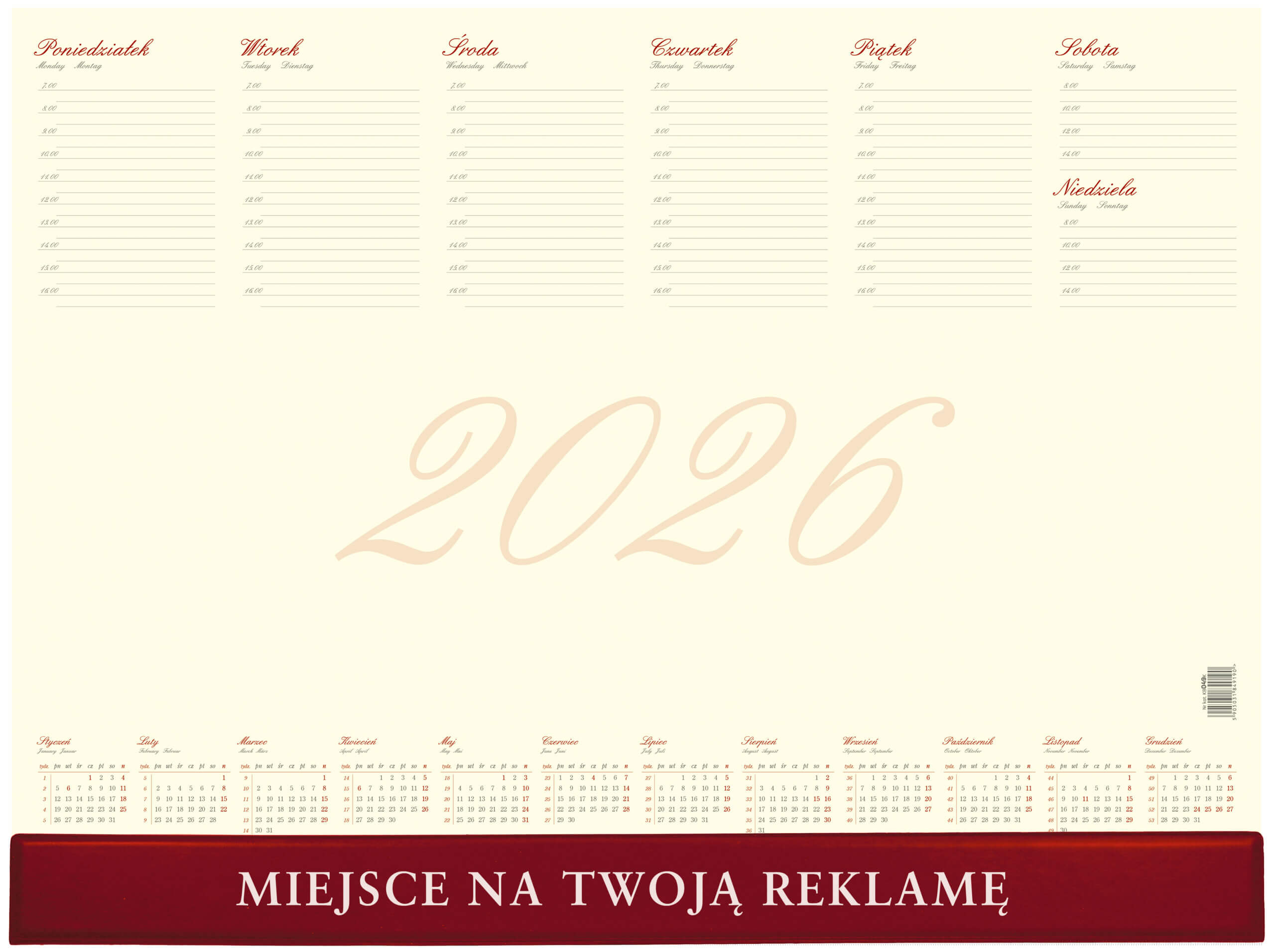 Biuwar kalendarz tygodniowy z listwą 55x41cm 52kartki 2026 Wokół Nas