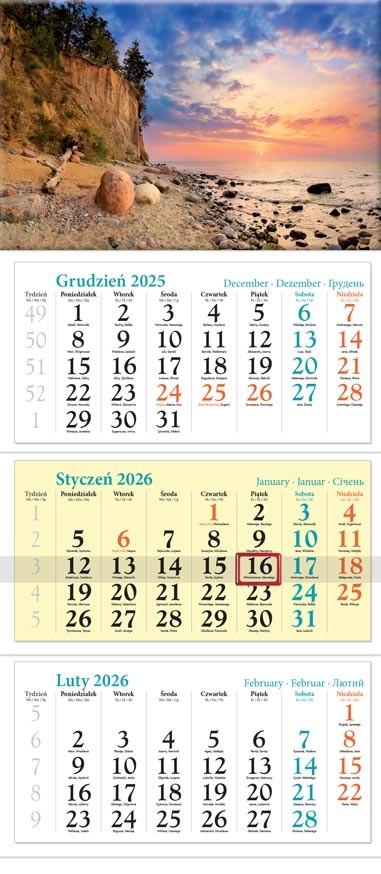 Kalendarz naścienny trójdzielny 32x86cm 2026 Bałtyk Lucrum