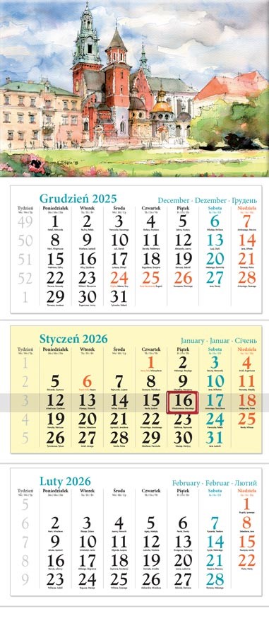 Kalendarz naścienny trójdzielny 32x86cm 2026 Kraków Lucrum