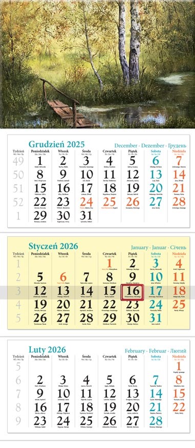 Kalendarz naścienny trójdzielny 32x86cm 2026 Zakątek Lucrum