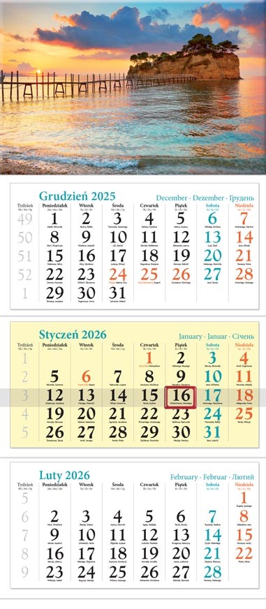 Kalendarz naścienny trójdzielny 32x86cm 2026 wyspa Lucrum