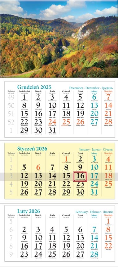 Kalendarz naścienny trójdzielny 32x86cm 2026 Jura Lucrum