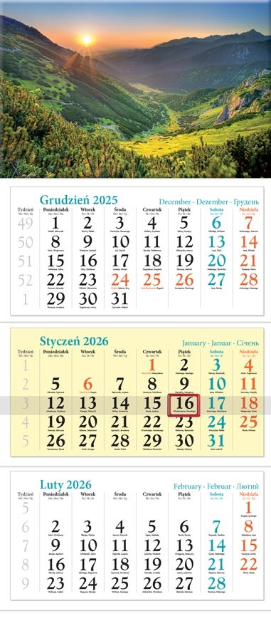 Kalendarz naścienny trójdzielny 32x86cm 2026 Dolina Lucrum