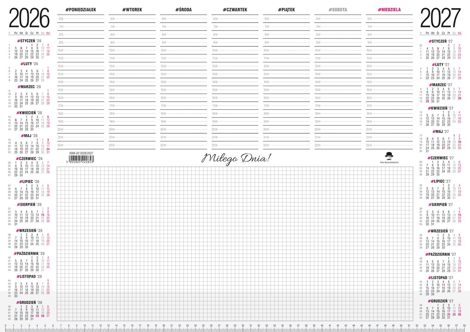 Biuwar kalendarz tygodniowy leżący na biurku 42x59cm 33kart. 2026 Pan kalendarzyk