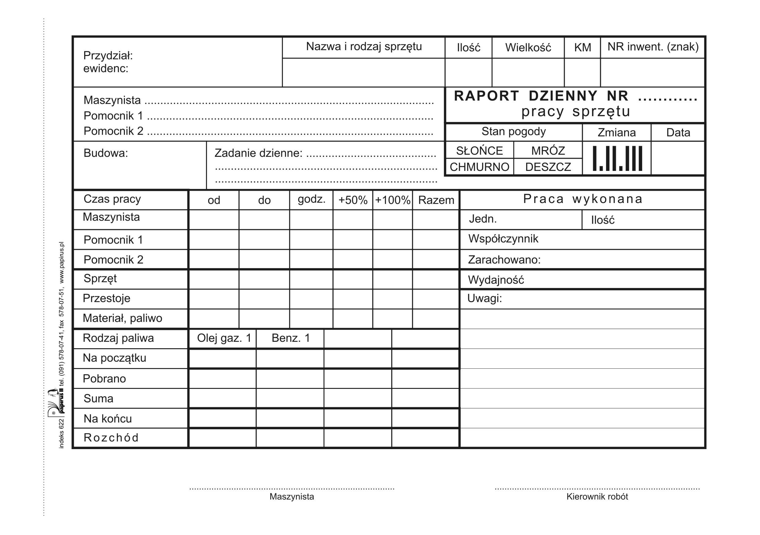 Raport dzienny pracy sprzętu A5/60kart. PapirusII