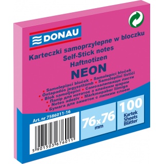 Notes samoprzylepny różowy neon 76x76 100kart. Donau