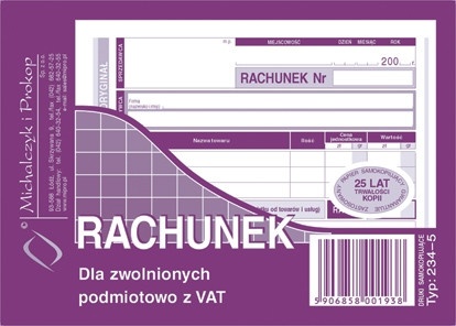 Rachunek dla zwolnionych podmiotowo z VAT 2-skład 234-5 A6/80str M&P