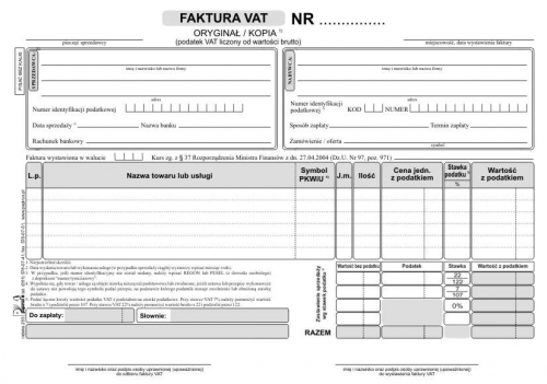 Faktura VAT brutto wielokopia A5/60kart. Papirus