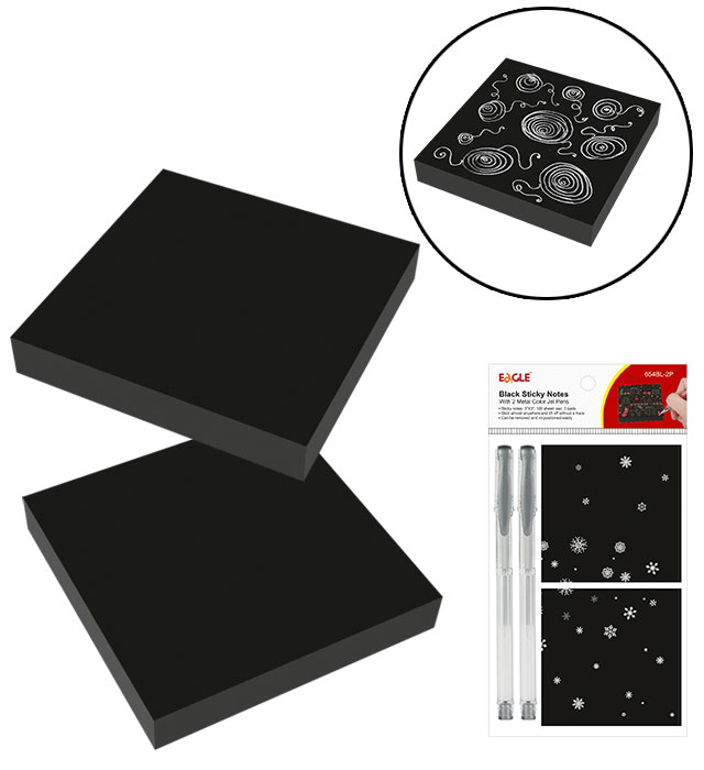 Notes samoprzylepny czarny 75x75/100kart +2 długopisy srebrne Eagle