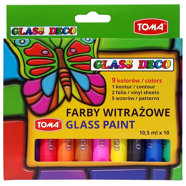 Farby witrażowe 9 kolorów 10,5ml +1 kontur 10,5ml Toma