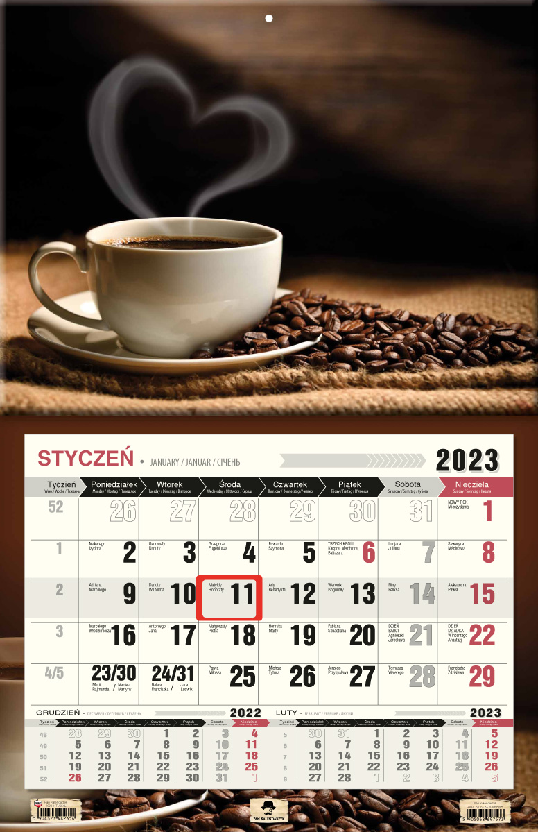 Kalendarz naścienny jednodzielny 44x68cm 2023 kawa Pan Kalendarz