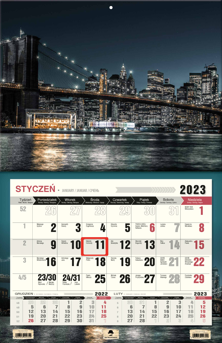 Kalendarz naścienny jednodzielny 44x68cm 2023 miasto Pan Kalendarz