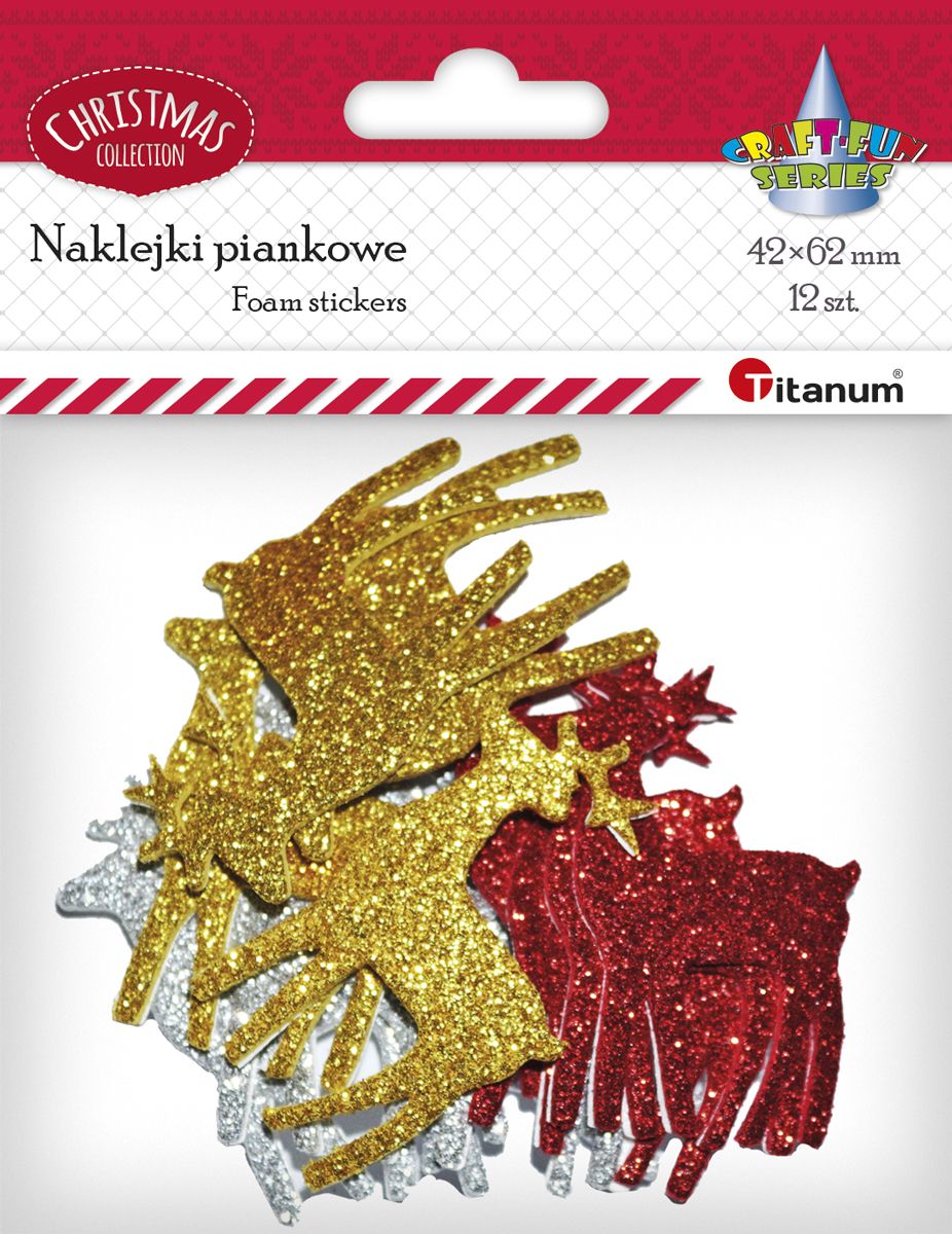 Dekoracja piankowa samoprzylepna brokatowa renifery 12szt Titanum