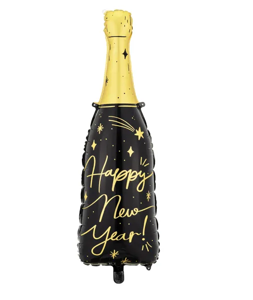 Balon foliowy butelka złoty Happy New Year 39x98cm Partydeco