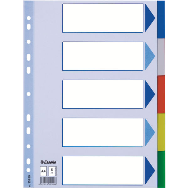 Przekładki A4+ 5 kolorów z kartą opisową plastikowe Maxi PP Esselte