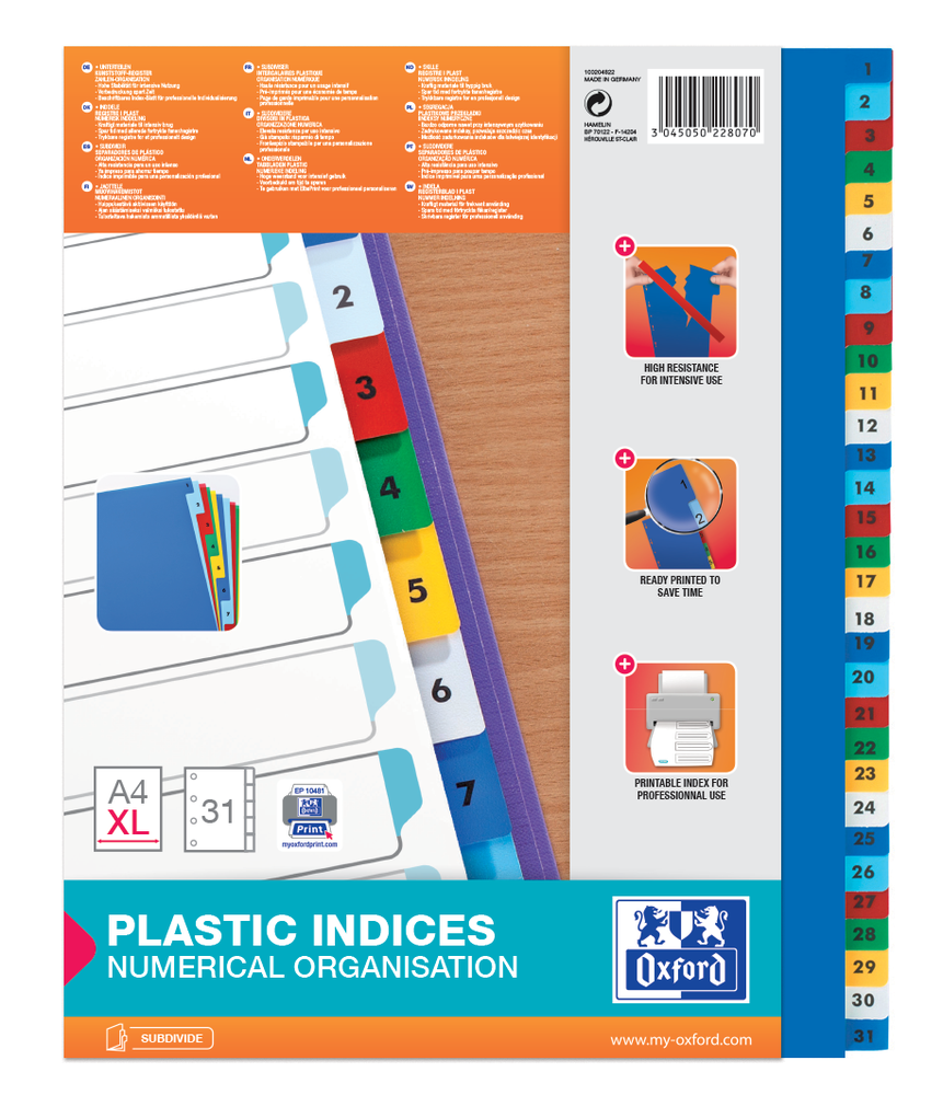 Przekładki A4+ numeryczne 1-31 plastikowe PP Maxi Oxford