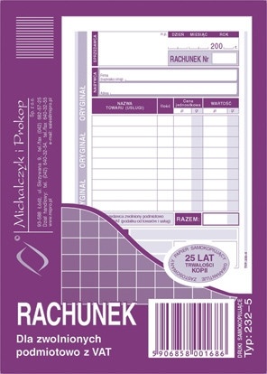 Rachunek dla zwolnionych podmiotowo z VAT 2-skład 232-5 A6/80str M&P