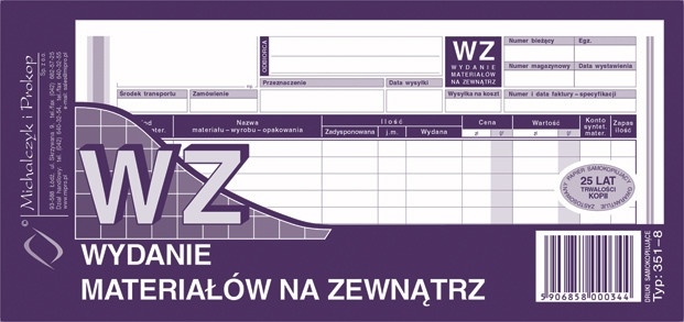 WZ wydanie materiału na zewnątrz 351-8 1/3 A4/80 M&P